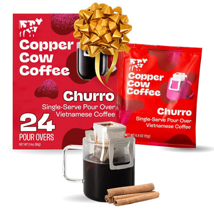 Copper Cow Coffee Premium Pour Over Single-Serve Vietnamese Coffee Pouches (24 pack) | Churro | Dark Roast | Flavored with Real Cinnamon | Convenient Vietnamese Ground Coffee Packets, Travel Friendly