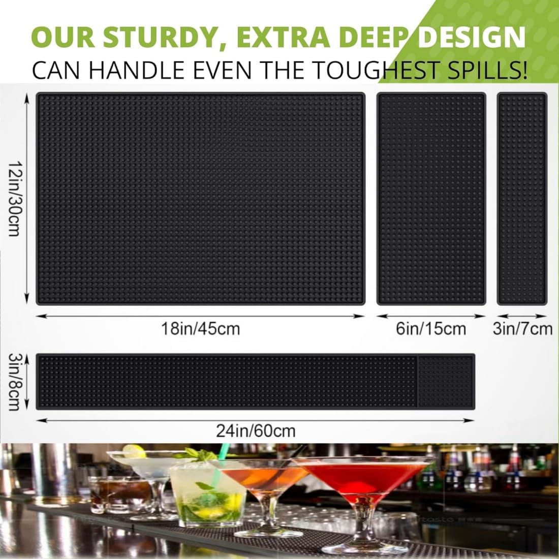 WANGCHAO Bar Mats Set of 4 Nonslip Flexible Rubber Black Bar Service Spill Mat Barber Mats Dish Drying Mat (24" x 3"+18" x 12"+12" x 3"+12" x 6")