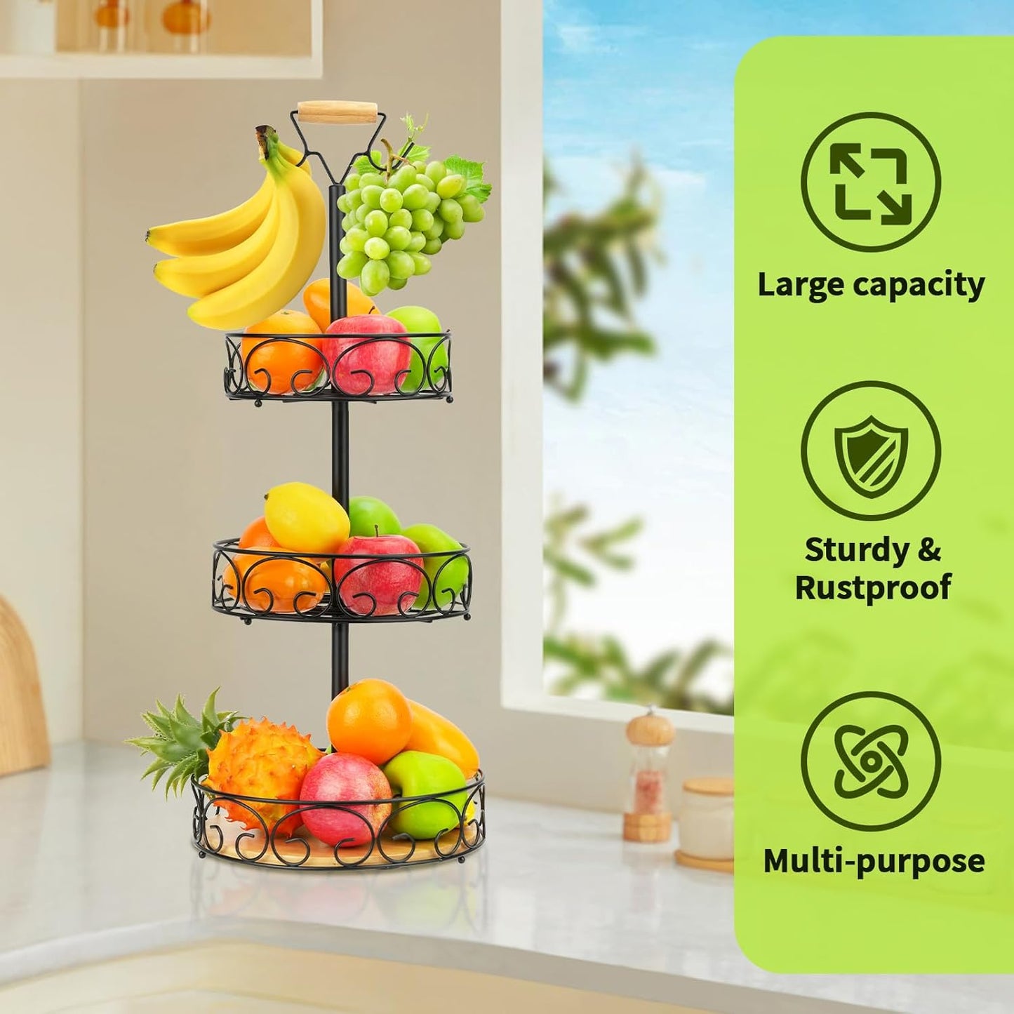 WCHOSOZH 3 Tier Fruit Basket for Kitchen Counter, Fruit Vegetables Bowl Stand with 2 Banana Hangers,Metal Tiered Display Holder for Bread Snack Organization Storage Baskets(Black)