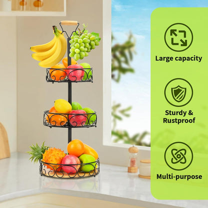 WCHOSOZH 3 Tier Fruit Basket for Kitchen Counter, Fruit Vegetables Bowl Stand with 2 Banana Hangers,Metal Tiered Display Holder for Bread Snack Organization Storage Baskets(Black)