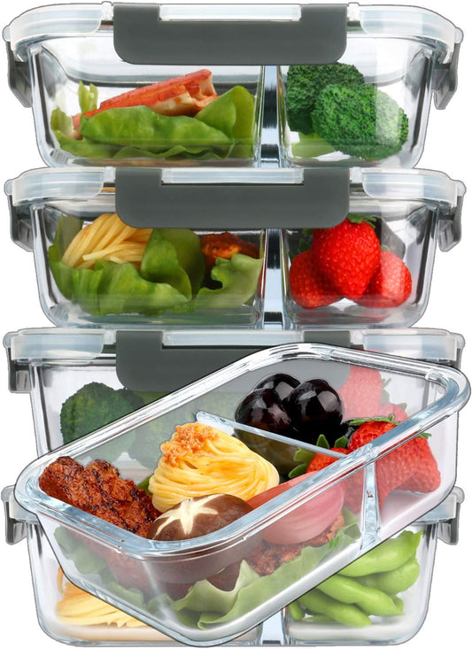 M MCIRCO [5-Pack,36 Oz] Glass Meal Prep Containers 2 Compartments Portion Control with Upgraded Snap Locking Lids Glass Food Storage Containers, Microwave, Oven, Freezer and Dishwasher (4.5 Cups)