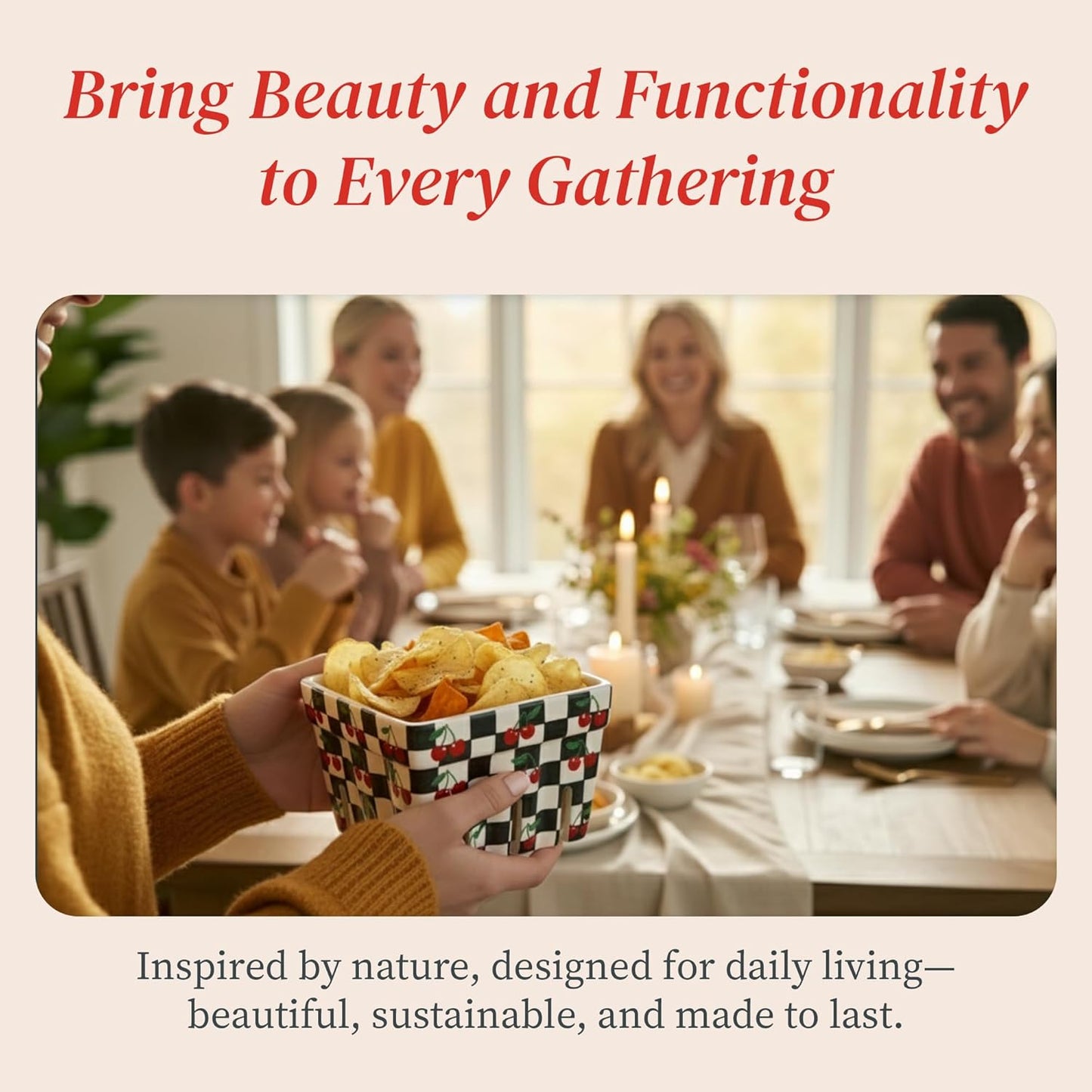 BIEN BEAU Ceramic Berry Basket -Checkered black and White with red Cherries pattern-Colander -Modern Kitchen Decor Fruit Bowls - Checkerboard Fruit Baskets, Farmer's Market Harvest Bowls Set of 4