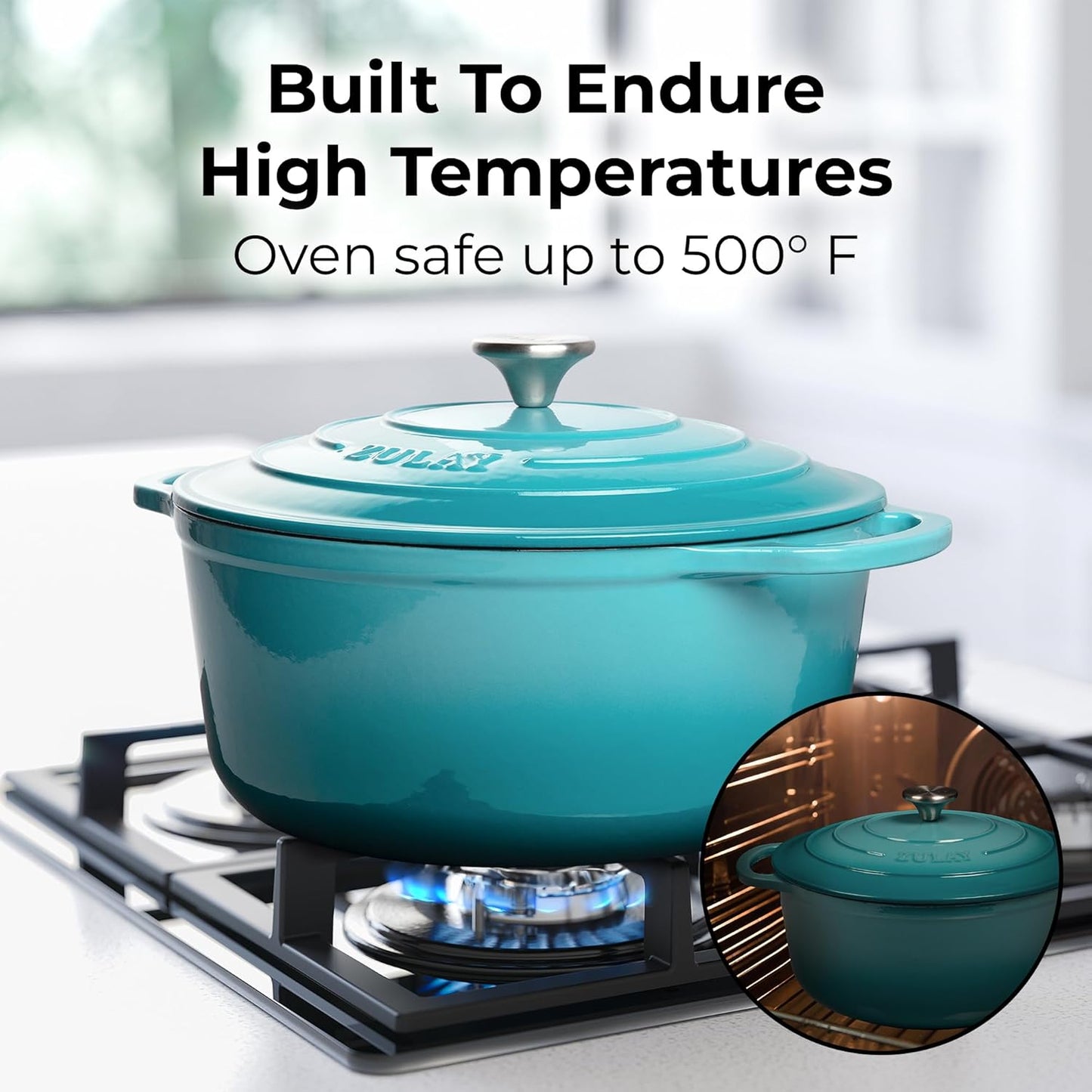 Zulay Kitchen 5 Quart Enameled Cast Iron Dutch Oven Pot with Lid – Premium Durability & Oven Safe up to 500°F – Heavy Duty Cookware Perfect for Bread Baking, Stews, Braising & Roasting – Light Blue