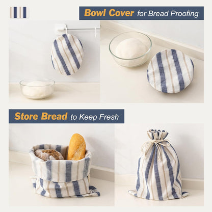 Linen Bread Bag for Homemade Sourdough Bread with Proofing Cover, Reusable Linen Sourdough Bread Storage Bag - Plastic Lined - with Proofing Bowl Cover