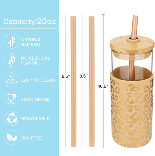 Tronco 20 oz Glass Tumbler with Lid and Straw, Iced Coffee Cup and Smoothie Cup with Bamboo Lids & Protective Silicone Sleeve, Dishwasher Safe, BPA-Free, Glass Cup 1 Pack
