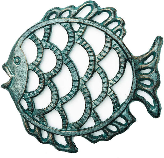 Sungmor Cast Iron Cute Fish Trivet for Wood Stove - Dia-7.5 Inch Dark Green Finish - Rustproof Round Stands for Hot Pots/Dishes/Pans - Decorative Metal Table Trivet for Kitchen Cooking