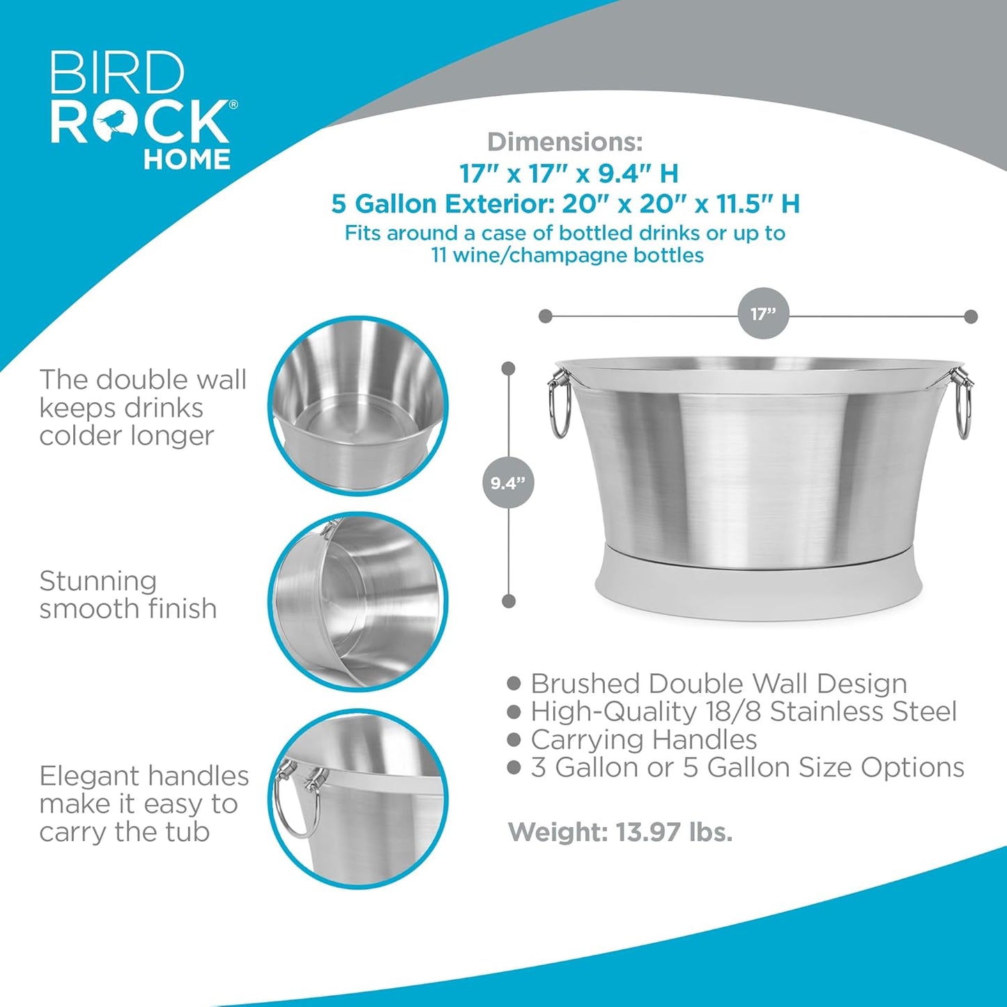 BIRDROCK HOME Double Wall Beverage Tub - Stainless Steel Ice Bucket, Metal Drink Cooler with Handles, for Parties & Events, Decorative Beverage Chiller - Large