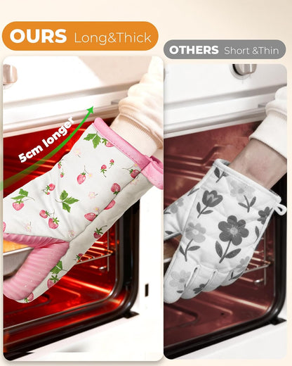 Slohif Cute Strawberry Mini Oven Mitts Set – Pink Extended Short Heat Resistant Kitchen Gloves for Women, 100% Cotton Oven Mitts with Silicone Grips, Non-Slip and Thick Durable for Cooking & Baking