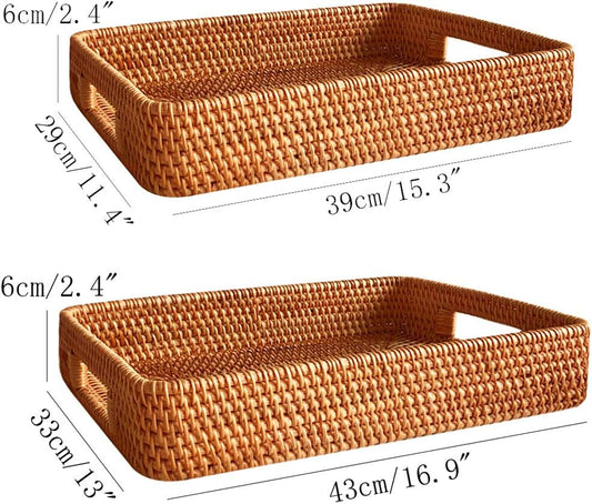 i-lan 2 Pack Oversize Deep Natural Wicker Serving Tray with Handles and 2.3” Wall, 16 Inch Rectangular Rattan Office Tray, Decorative Woven Rattan Fruit Baskets Tray Plate for Table Countertop,L+XL