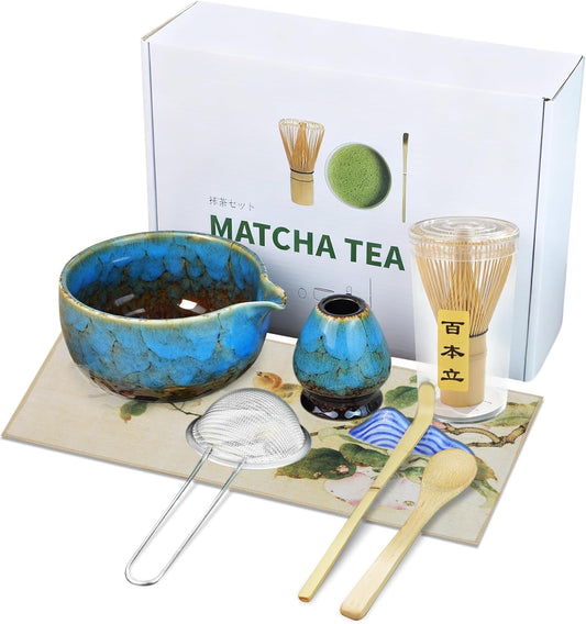 HEYMKGO Matcha Whisk Set 8 Pcs, Sapphire Blue Matcha Bowl with Spout, Bamboo Whisk & Holder, Scoop, Scoop Rest, Sifter, Bamboo Spoon & Tea Towel - Traditional Japanese Matcha Tea Ceremony Kit