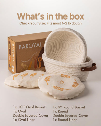 Crispier Crust Cotton Rope Banneton Bread Proofing Basket Set, Oval & Round Bread Baskets with Liners & Covers for Artisan Bread Baking, Sourdough Bread Baking Supplies(Off White)