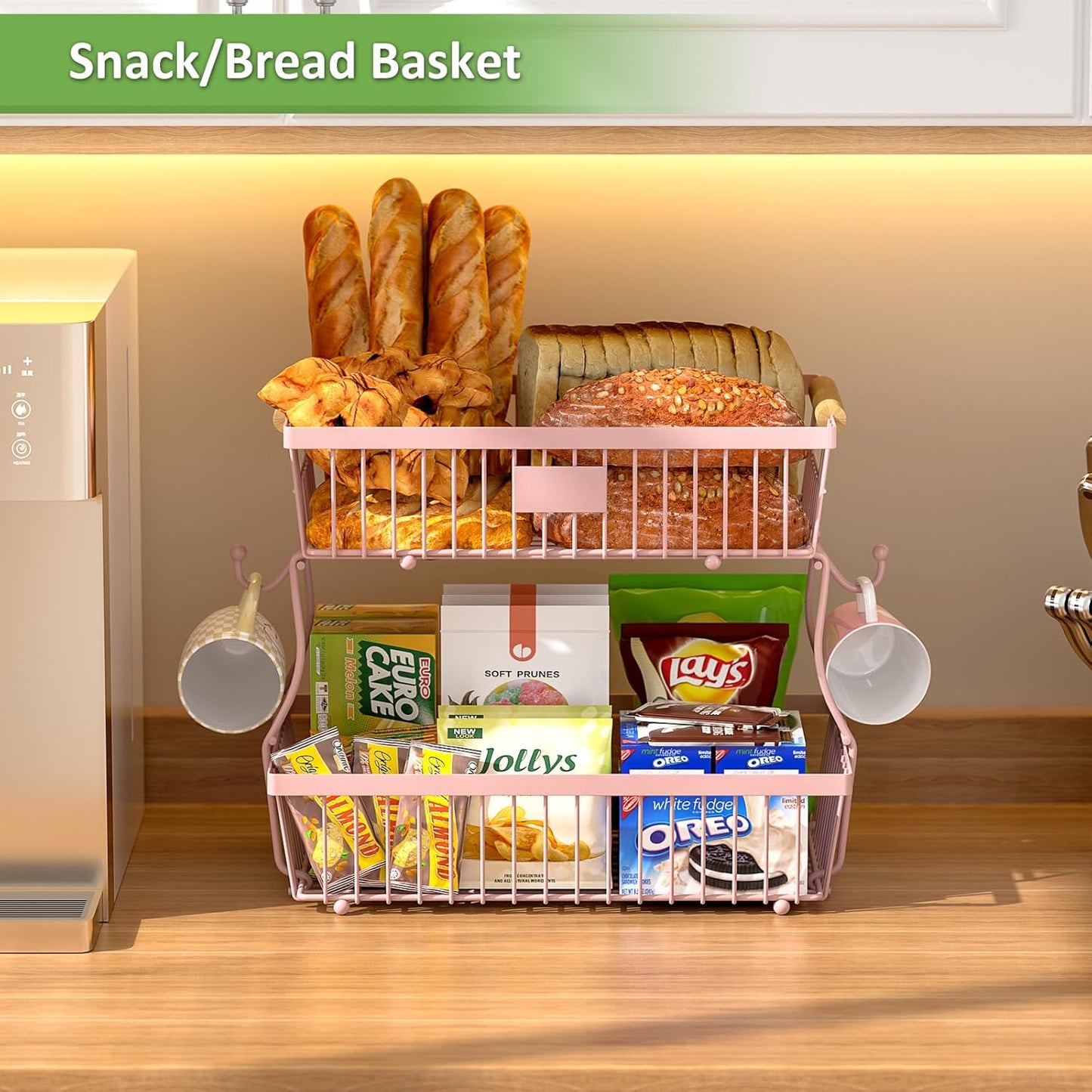 2 Tier Fruit Basket for Kitchen Counter with 2 Banana Hangers, Countertop Metal Fruit Bowl with Wooden Handle, Large Storage Stand for Vegetables, Snacks, Breads, Produce Storage – Pink