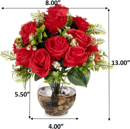 ENOVA FLORAL 18 Heads Silk Rose Artificial Flowers in Vase,Faux Rose Flowers Arrangement in Round Bowl Vase with Faux Water and River Rock for Table Decor Centerpieces (Red)