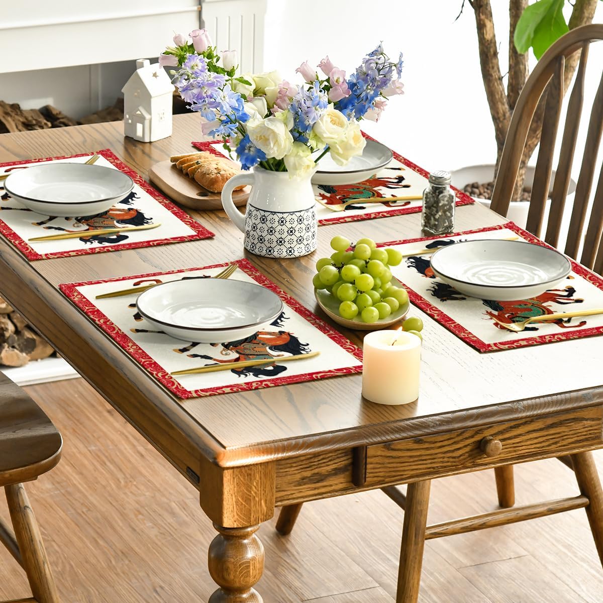 Artoid Mode Zodiac Horse Happy 2026 Chinese New Year Placemats Set of 4, 12x18 Inch Seasonal Lunar Winter Table Mats for Party Kitchen Dining Decoration