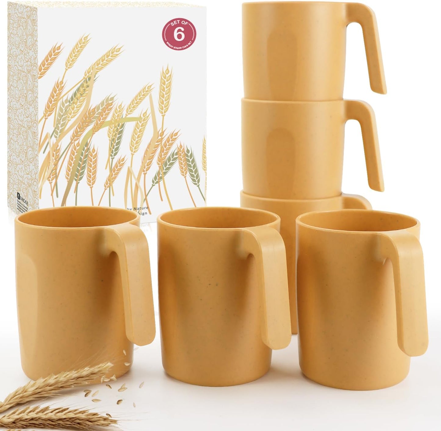 Wrova 16oz Wheat Straw Cups with handles set of 6-Plastic Cups Reusable-Unbreakable Kids Mugs-Dishwasher Safe & Microwave Safe-Ideal Mugs for Tea,Coffee,Camping,RV-Banana Yellow