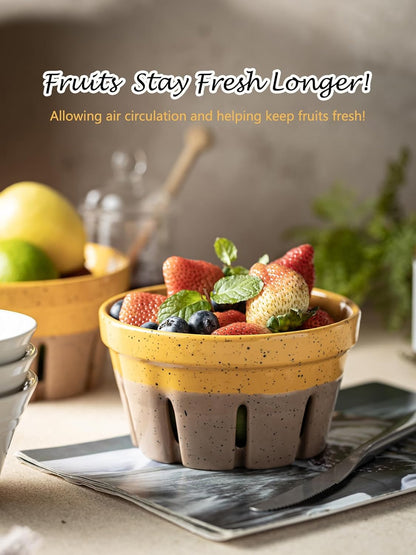 Gomakren Fruit Bowl with Holes, Ceramic Berry Basket Set of 2, 5.8 Inch Round Fruit Storage Containers, Strawberry Baskets, Farmhouse Kitchen Decor, Yellow + Brown