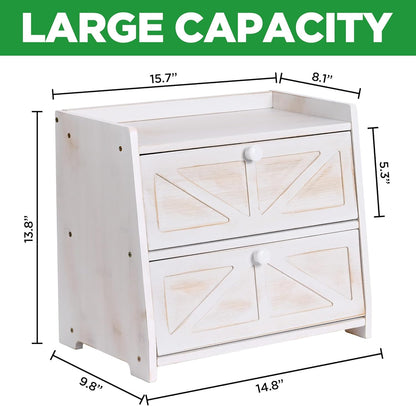 Ollieroo Vintage Double Layer Bread Box for Kitchen Countertop, Bamboo Bread Storage Container, Breadbox for Homemade Bread, Large Capacity Bread Bin(White)