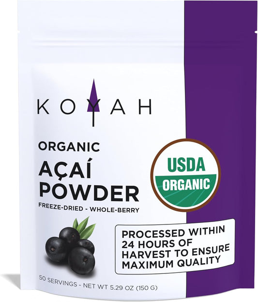 KOYAH - Organic Acai Powder (150g - 50 Servings): Brazil Grown, Freeze-Dried, 100% Pure, No Citric Acid Added, Great in Smoothies and Bowls