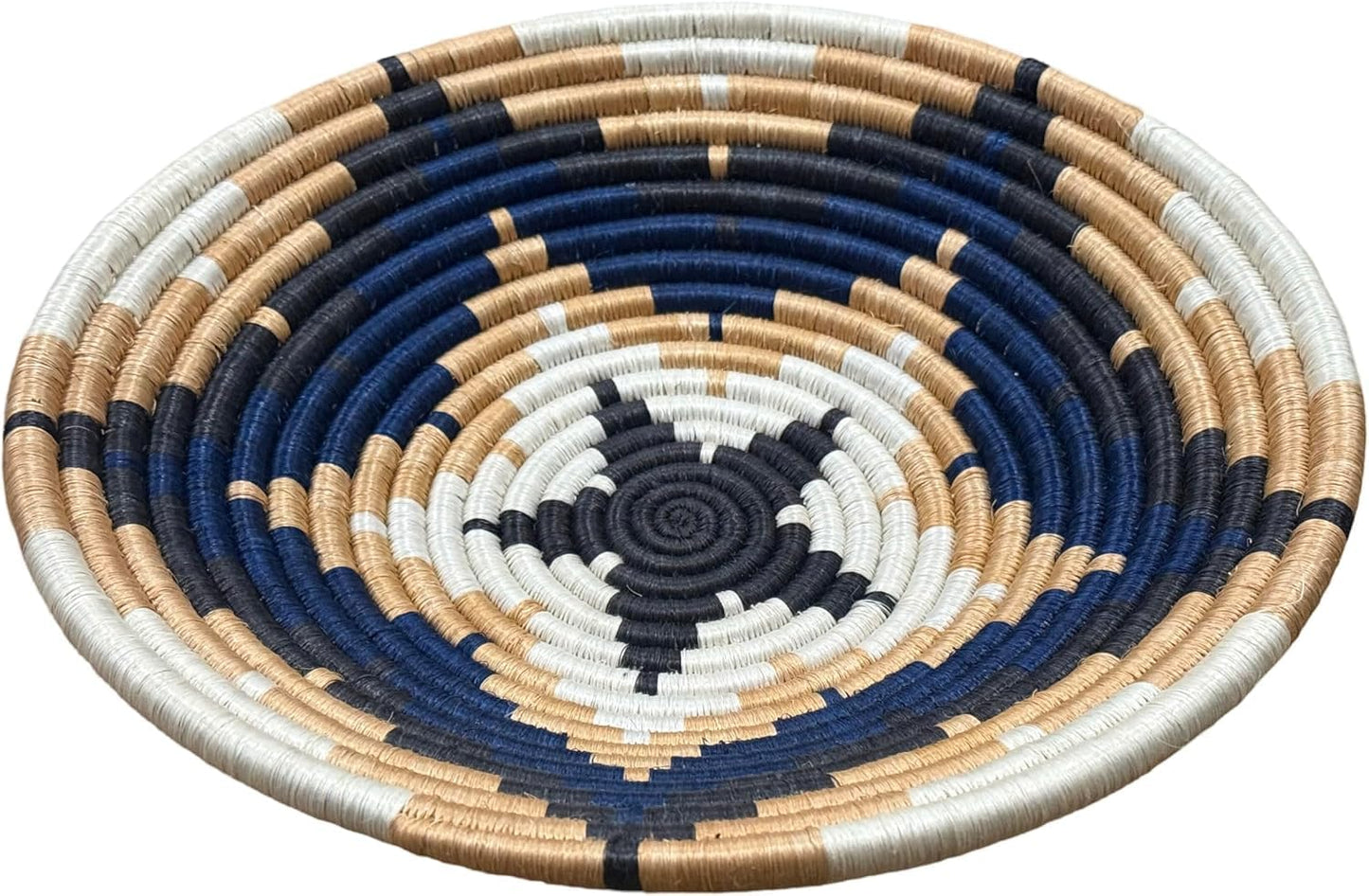 Handwoven African Basket Handmade sisal Fruit Bowl Wall Hanging decorative Baskets for Home Living Room Kitchen Centerpiece Zen Designs Arts and Crafts (Blue Tan Natural, 10in diameter)