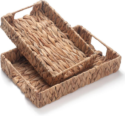 Water Hyacinth Rectangular Serving Tray for Coffee Table Natural Storage Baskets with Handles for Home and Kitchen Decor Set of 2