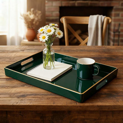 Zosenley Decorative Tray, Rectangular Plastic Tray with Handles, Modern Vanity Tray and Serving Tray for Bathroom, Kitchen, Ottoman and Coffee Table, 15.6” x 10.2” (Dark Green)