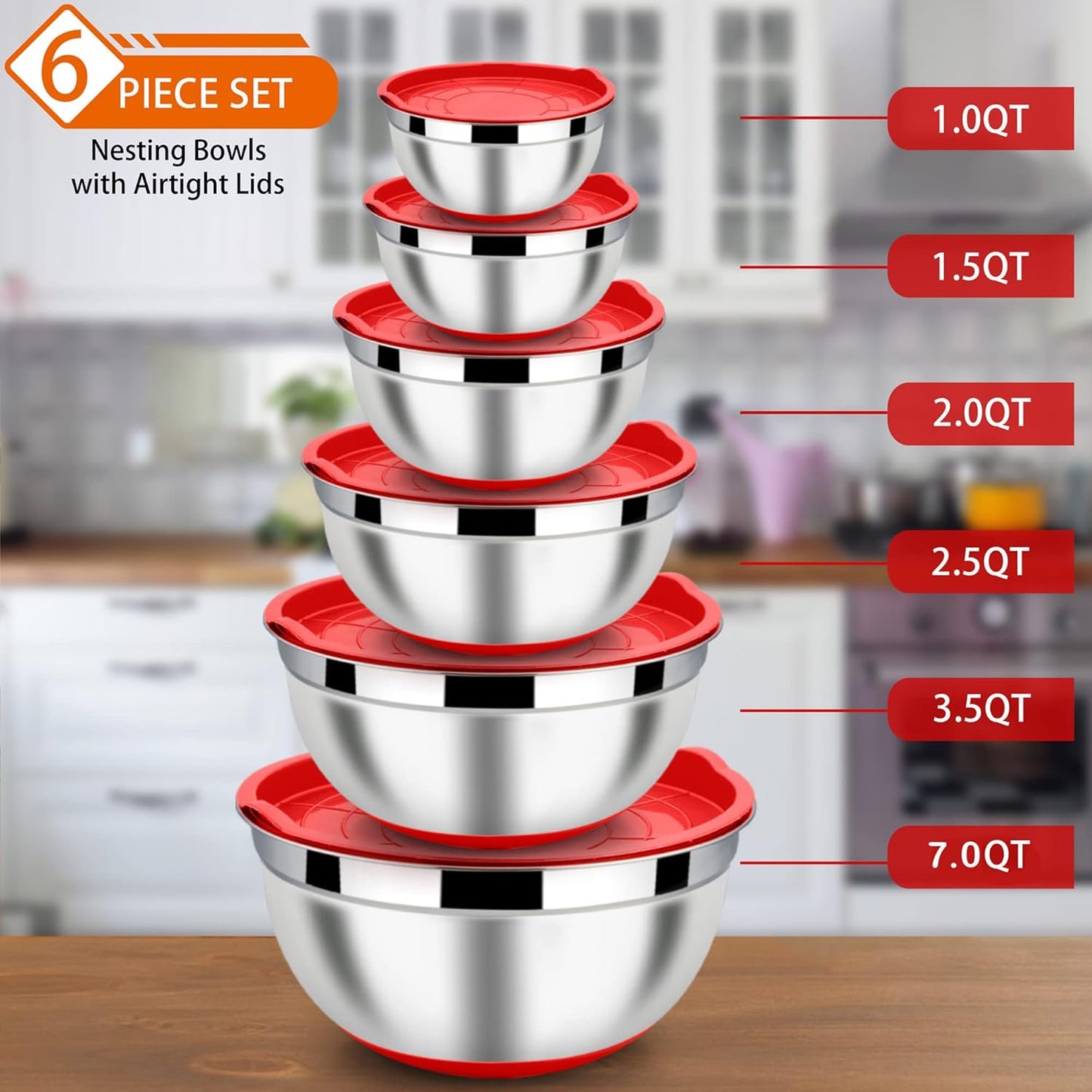 LIANYU Mixing Bowls Set of 6 with Airtight Lids, Size 7, 3.5, 2.5, 2, 1.5, 1QT Large Metal Stainless Steel Nesting Bowls for Cooking, Baking, Food Storage, Non-slip Bottom, Red