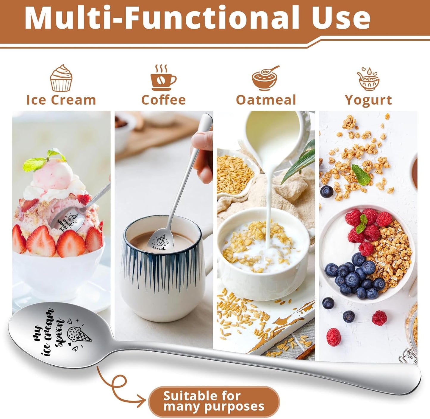 Ice Cream Spoon - Funny Engraved Stainless Steel Spoon for Ice Cream Lovers, Women, Men, Kids Birthdays