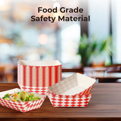 Fit Meal Prep [250 Pack 0.5 lb Paper Food Boats Heavy Duty Disposable Food Trays, Red Check Nacho Tray for Parties Fairs Picnics Carnivals, Holds Ketchup Cheese Sauce Pickles