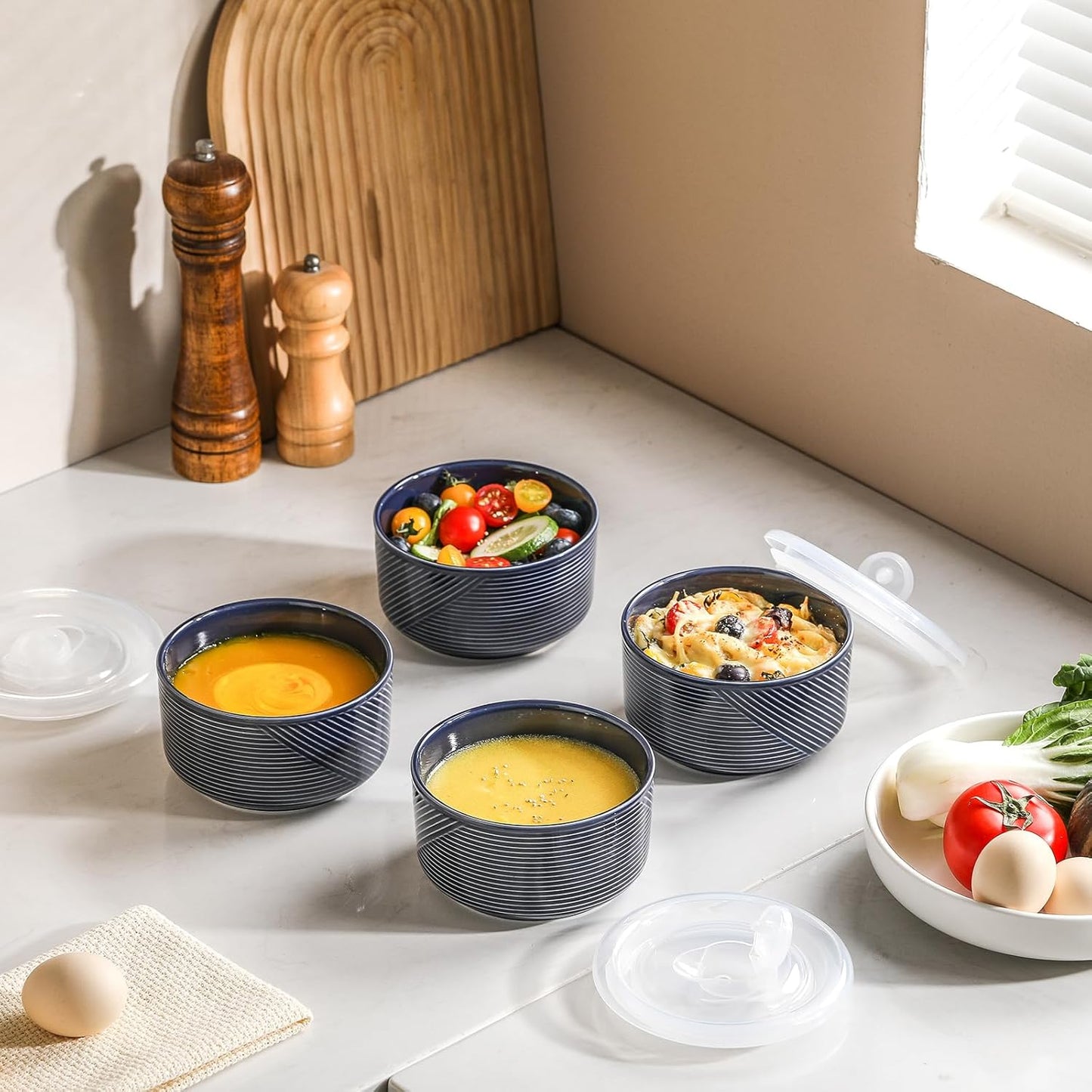 Ceramic Bowls with Lids: 20 oz Microwave Safe Food Storage Containers for Soup, Salad, Cereal, Leftovers, Meal Prep, Lunch, Picnic, Camping, Serving - Airtight, Navy, Set of 4