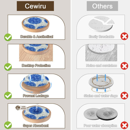 Wood Coasters Set of 6 with Holder, Cewiru Cup Mat for Drinks, Absorbent Coasters with Felt Insert for Coffee Table Protection, Modern Style Home Dining Table Decor, 4.3" Blue