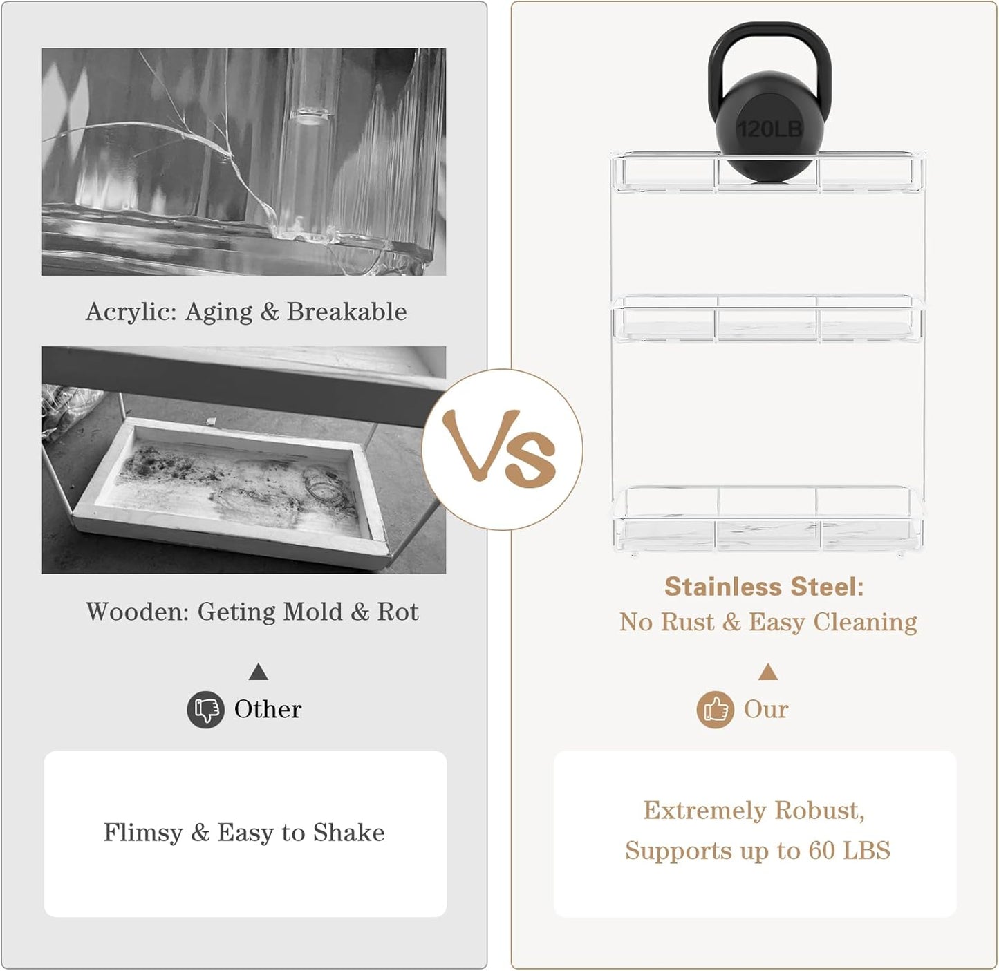 Bathroom Organizer Countertop Perfume Organizer Makeup Organizer Cosmetics Storage Display Rack Vanity Tray Dresser Stainless Steel Gold Shelf White Marble Ceramic Tray