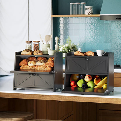 Vintage Double Layer Bread Box for Kitchen Counter Bamboo Bread Storage Container Large Capacity Bread Storage Bin (Black)