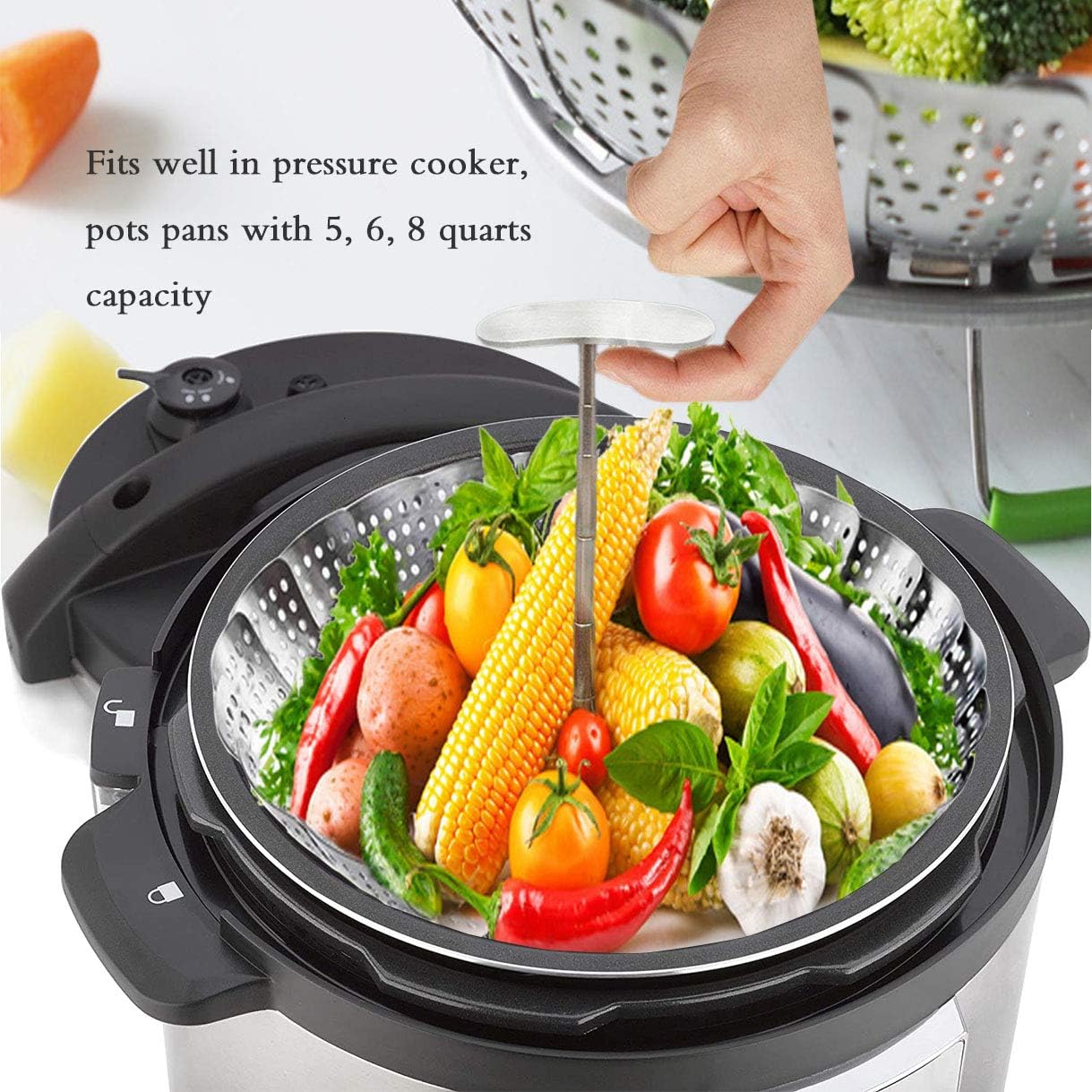 Steamer Basket, Veggie Steamer Basket for Cooking Stainless Steel Folding Vegetable Steamer Insert with Extending Removable Center Handle Expandable to Fit Various Size Pot(5.5" to 9")