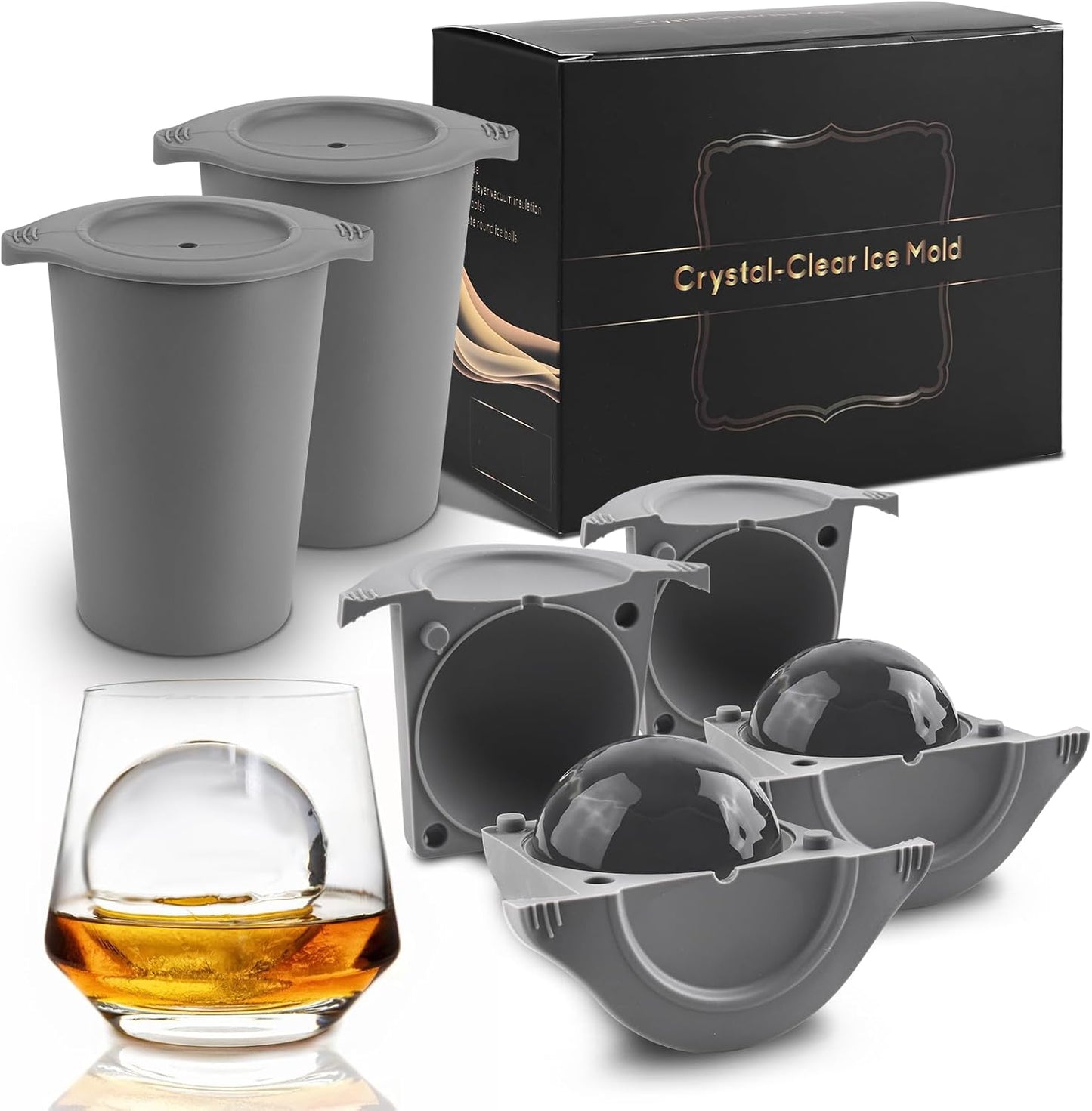 Clear Ice Cube Maker, 2.5" Easy-Release Sphere Ice Maker, Stainless Steel Clear Ice Maker, Non-BPA Premium Silicone Ice Cube Molds for Cocktails, Drinks & Bourbon, Whiskey Gifts for Men - 2 Pack