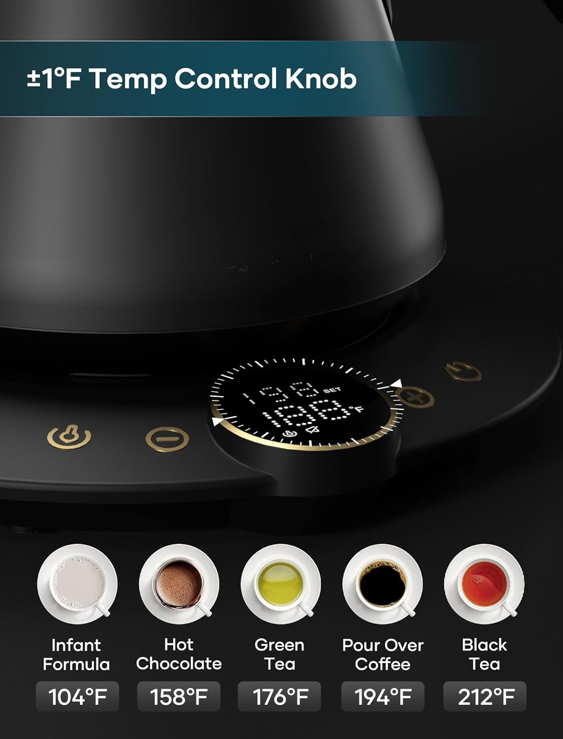 Gooseneck Electric Kettle with ±1℉ Temperature Control for Pour Over Coffee & Tea, Quick Heating, BPA-Free Stainless Steel, Built-in Brew Timer, 1500W/0.9L (Onyx Black)