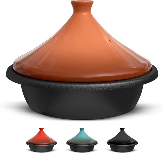KooK Moroccan Tagine, Enameled Cast Iron Cooking Pot, Tajine with Ceramic Cone-Shaped Closed Lid, 3.3 QT, (Terracotta)
