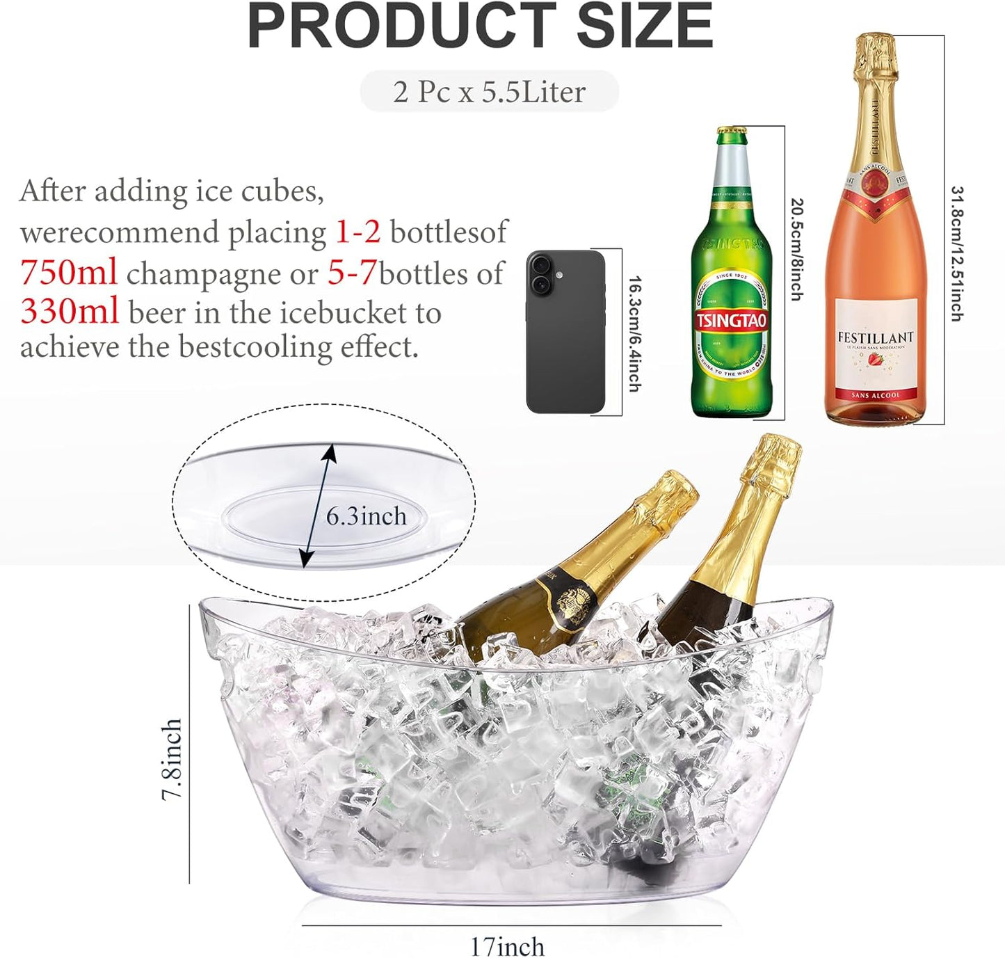 Ice Buckets for Parties, 2pcs Acrylic Champagne Beverage, Drinks Buckets Tub for Cocktail Bar, 5.5L Ice Bucket for Christmas Party(16.5 * 7.3 * 6.8inch)