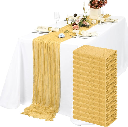 15 Packs Cheesecloth Table Runner Gold,10 Ft Rustic Gauze Boho Wedding Table Runner Decoration, Wedding Table Decor Table Cloth for Wedding Party Bridal Shower Table,21.5x120in