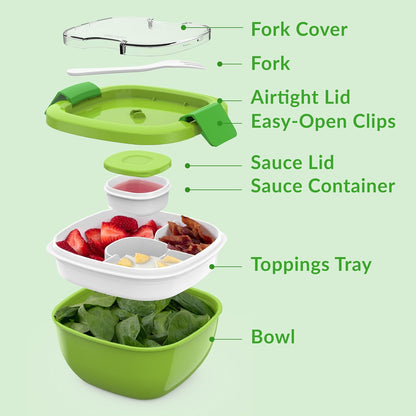Bentgo Salad Container - 54 oz Bowl with 4-Compartment Toppings Tray, Leak-Proof Dressing Container, Reusable Fork, BPA-Free Lunch Box for Meal Prep & Food Storage; Removable Bento Tray (Green)