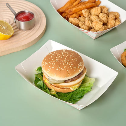 ECOLipak 100 Pack 2lb Paper Food Tray Red, Disposable Paper Food Boats, Food Holder Trays, Serving Boats for Taco Snack Nacho Hot Dog