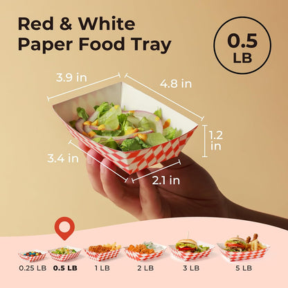Fit Meal Prep [250 Pack 0.5 lb Paper Food Boats Heavy Duty Disposable Food Trays, Red Check Nacho Tray for Parties Fairs Picnics Carnivals, Holds Ketchup Cheese Sauce Pickles