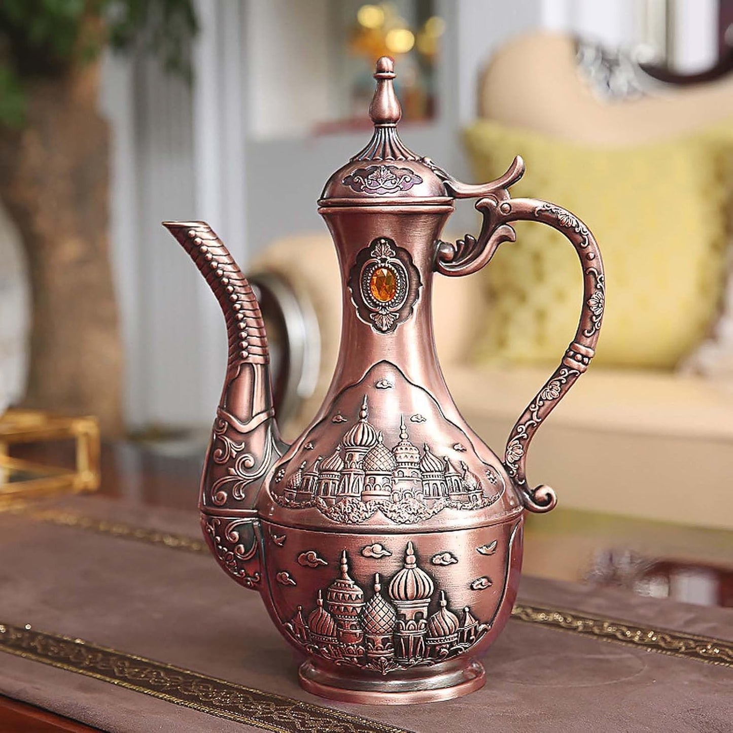 Vintage Turkish Coffee Pot Set for 6 Including Tray and Teapot,Metal Cups,Teapot and Cup Set for One,Tea Service Set for Home Tea Table Decor,Wedding Ornaments(Copper)