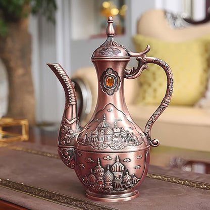 Vintage Turkish Coffee Pot Set for 6 Including Tray and Teapot,Metal Cups,Teapot and Cup Set for One,Tea Service Set for Home Tea Table Decor,Wedding Ornaments(Copper)