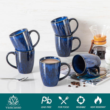 vancasso STARRY Ceramic Coffee Mug Set of 6, 16 Oz Tea Cups with Handle for Latte, Tea, Cappuccino, Milk, Cocoa, Microwave&Dishwasher Safe, Blue