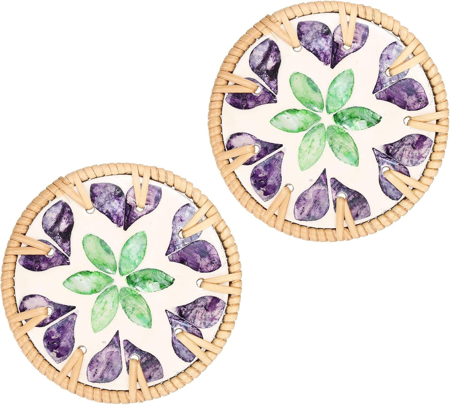 uxcell 2Pcs Handmade Woven Rattan Coasters, Heat-Resistant Drink Coasters for Coffee Table Dining Room Kitchen Coffee Wine Decor, Green Diamond