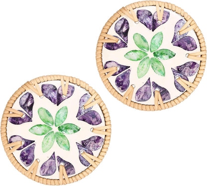 uxcell 2Pcs Handmade Woven Rattan Coasters, Heat-Resistant Drink Coasters for Coffee Table Dining Room Kitchen Coffee Wine Decor, Green Diamond