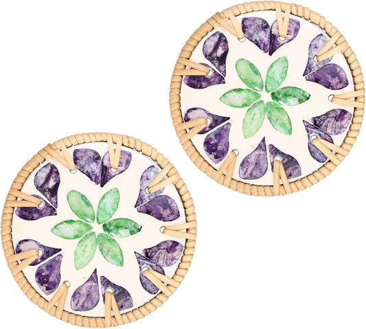 uxcell 2Pcs Handmade Woven Rattan Coasters, Heat-Resistant Drink Coasters for Coffee Table Dining Room Kitchen Coffee Wine Decor, Green Diamond