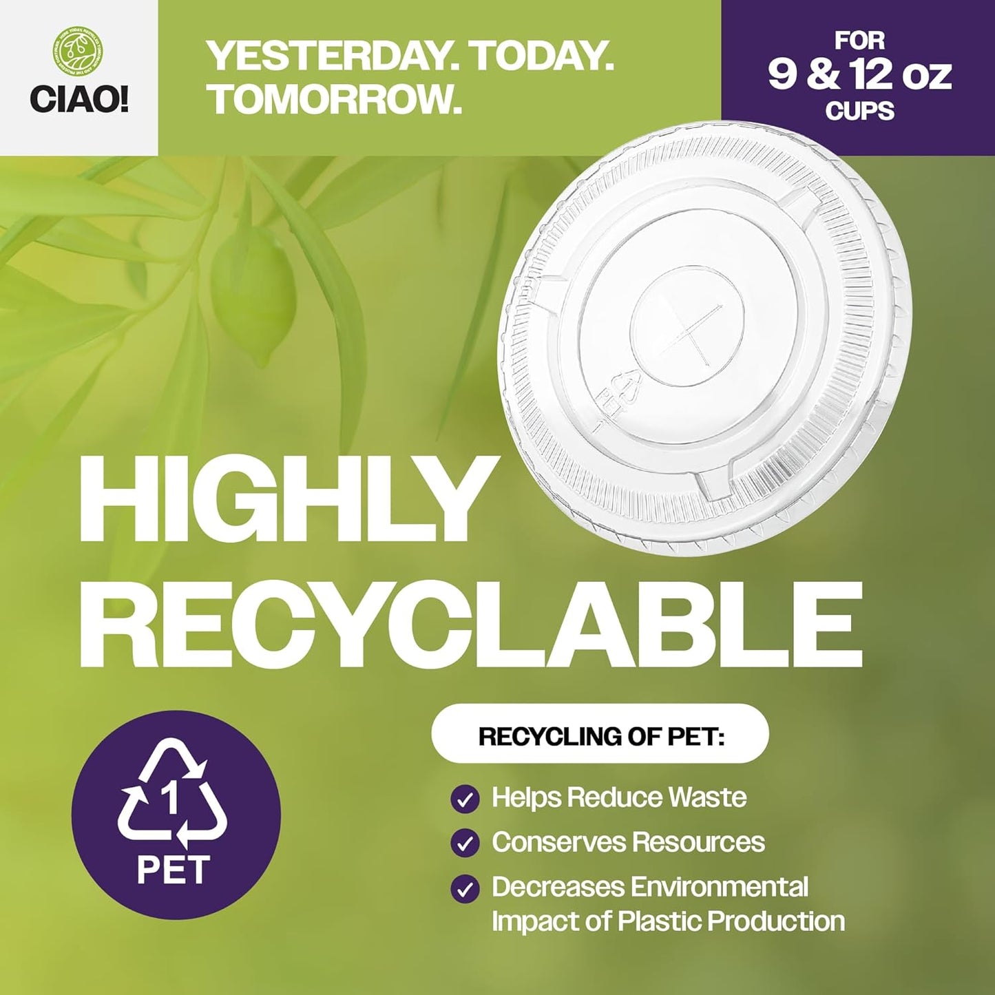 CIAO! PET Flat Lid with Straw Slot, Designed and Fit for 9OZ/12OZ PET Cold Drink Cups Only, 92mm (Case of 1,000)