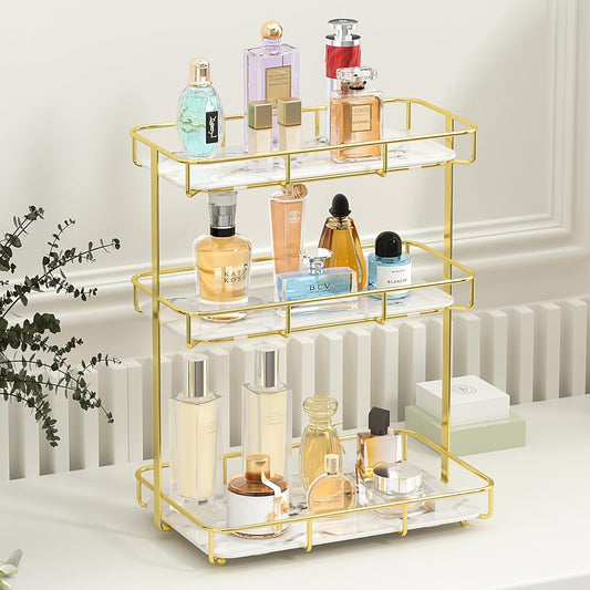Bathroom Organizer Countertop Perfume Organizer Makeup Organizer Cosmetics Storage Display Rack Vanity Tray Dresser Stainless Steel Gold Shelf White Marble Ceramic Tray