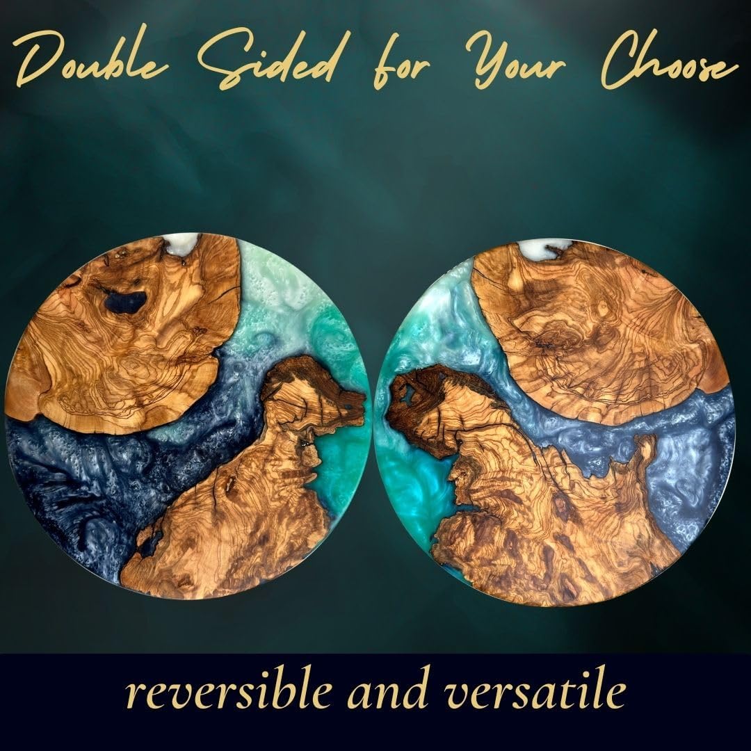 Handmade Olive Wood Round Cutting Board Resin Round Charcuterie Board, Epoxy Wood Cutting Board for Kitchen, Ocean Resin Cheese Board Wood Circle, Olive Wood Resin Pizza Board (Ocean)